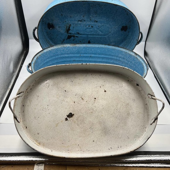 Antique Turquoise Cornflower Blue Large Roaster Rack Enamelware On Steel 4 Piece - Picture 2 of 15